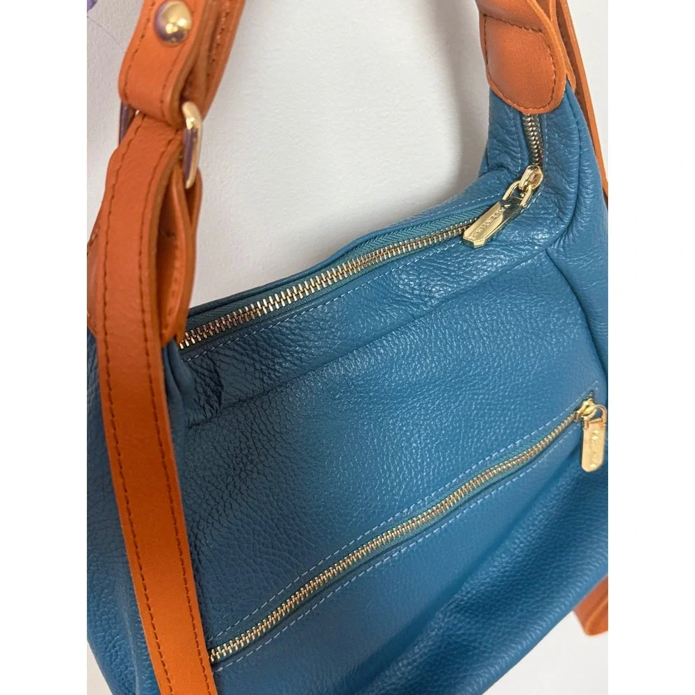 Valentina Convertible Italian Pebbled Leather Bag Backpack In‎ Ocean Blue